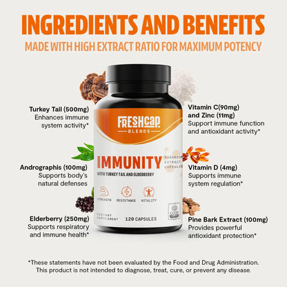 Full-spectrum immune defense in every capsule. A blend of Turkey Tail, Elderberry, Vitamin C and Zinc, and other essential vitamins for daily wellness.