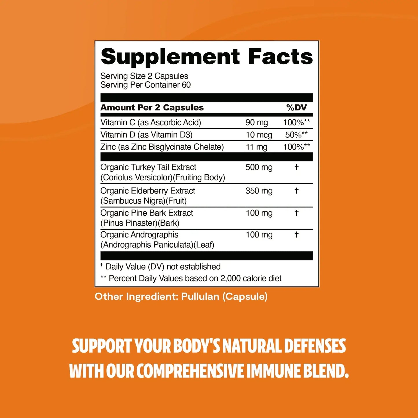 Full-spectrum immune defense in every capsule. A blend of Turkey Tail, Elderberry, Vitamin C and Zinc, and other essential vitamins for daily wellness.