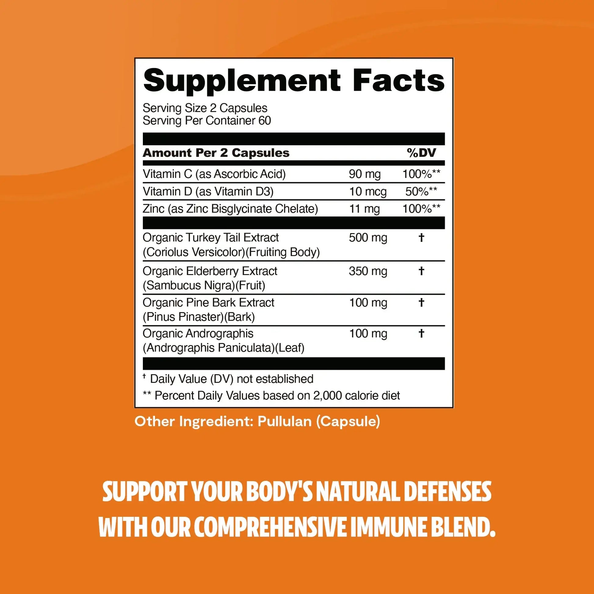 Full-spectrum immune defense in every capsule. A blend of Turkey Tail, Elderberry, Vitamin C and Zinc, and other essential vitamins for daily wellness.