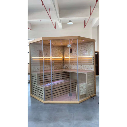 Product Description 01.Introduction The traditional steam sauna is the perfect way to relax and rejuvenate in the comfort of your own home. The included Harvia heater produces up to 195°F, while the barrel and spoon allow you to add water to the heater st