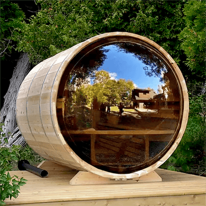 The SAUNA EVOLUTION Barrel Sauna Serenity Nature Air 4 is a natural oasis designed for relaxation and rejuvenation. Made from high-quality solid wood, this wooden sauna is the perfect way to connect with nature while enjoying the benefits of sauna therapy