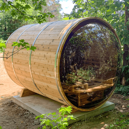 The SAUNA EVOLUTION Barrel Sauna Serenity Nature Air 4 is a natural oasis designed for relaxation and rejuvenation. Made from high-quality solid wood, this wooden sauna is the perfect way to connect with nature while enjoying the benefits of sauna therapy