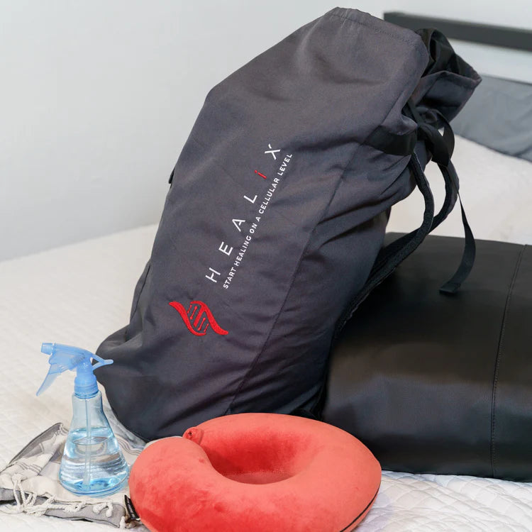 The HEALiX Stash is next level! All our therapy devices come with a basic carrying bag… but the Stash is far from basic. Unlike the stock carrying bags, the Stash comes with enough room in the main compartment to store multiple Comfort Sauna Blanket Inser