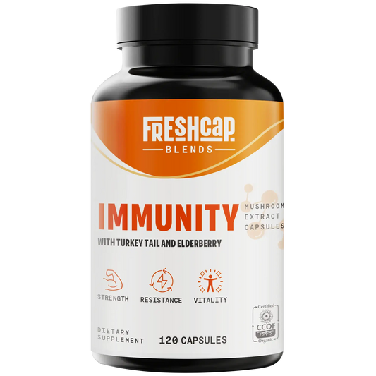 Full-spectrum immune defense in every capsule. A blend of Turkey Tail, Elderberry, Vitamin C and Zinc, and other essential vitamins for daily wellness.