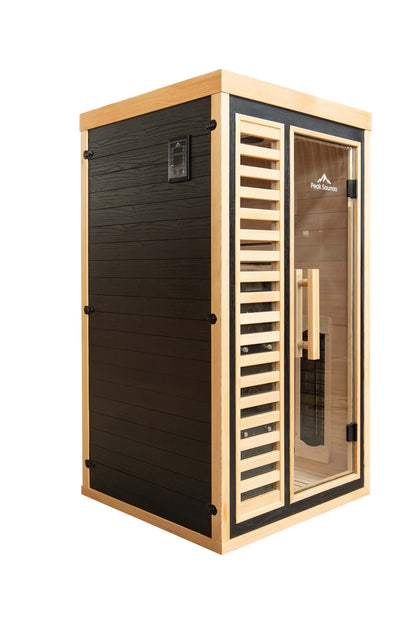 Reach the Peak of Wellness with Shasta Compact. Powerful. Premium. Introducing the Peak Saunas Shasta—a meticulously crafted 1-person infrared sauna designed for those who refuse to compromise on quality, technology, or wellness benefits. Built from susta