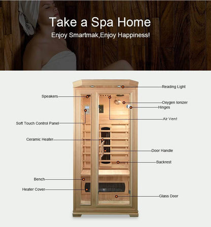 Product Description 01.Introduction Far-infrared sauna room is a new generation of sauna equipment heated byfull spectrum and carbon panel, with wooden sauna house as the carrier. The heating plate is inlaid around the sauna room, the heating is even and