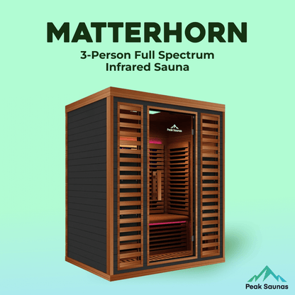 Reach the Peak of Wellness with Matterhorn Even more room. Even more power. Even more rejuvenation. Introducing the Peak Saunas Matterhorn—a spacious 3-person infrared sauna engineered for those who want room to share or space to fully stretch out without