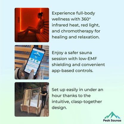 Reach the Peak of Wellness with Olympus Refined design. Elevated wellness. Built to impress. Introducing the Peak Saunas Olympus—a masterfully designed indoor FAR infrared sauna that brings together the healing power of full-body infrared therapy with the