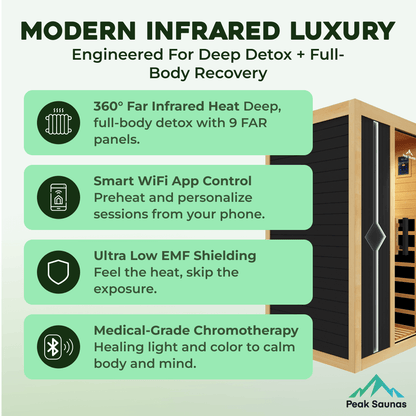 Reach the Peak of Wellness with Olympus Refined design. Elevated wellness. Built to impress. Introducing the Peak Saunas Olympus—a masterfully designed indoor FAR infrared sauna that brings together the healing power of full-body infrared therapy with the