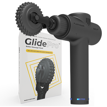 Our patent-pending GlidePro™ Roller Massage Head simulates the popular elbow technique used in massage therapy, also known as stripping. It delivers continuous pressure across the narrow bands of soft tissue to help release myofascial trigger points. For