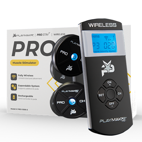 Completely wireless, the PlayMakar PRO is the ultimate take with you anywhere electrical muscle stimulator system. Comes with 14 programs designed to help build strength, maximize endurance, assist recovery, improve the quality of warm-up, manage pain, an