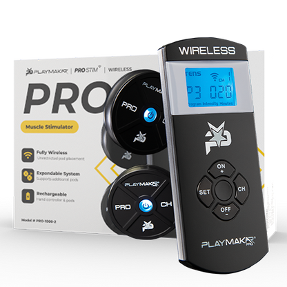 Completely wireless, the PlayMakar PRO is the ultimate take with you anywhere electrical muscle stimulator system. Comes with 14 programs designed to help build strength, maximize endurance, assist recovery, improve the quality of warm-up, manage pain, an