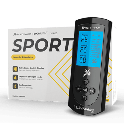 The features of the PlayMakar® SPORT Muscle Stimulator make it versatile and portable electric tens and ems units without sacrificing power. This system comes with 10 pre-set programs designed to help improve the quality of muscle warm-up, build strength,
