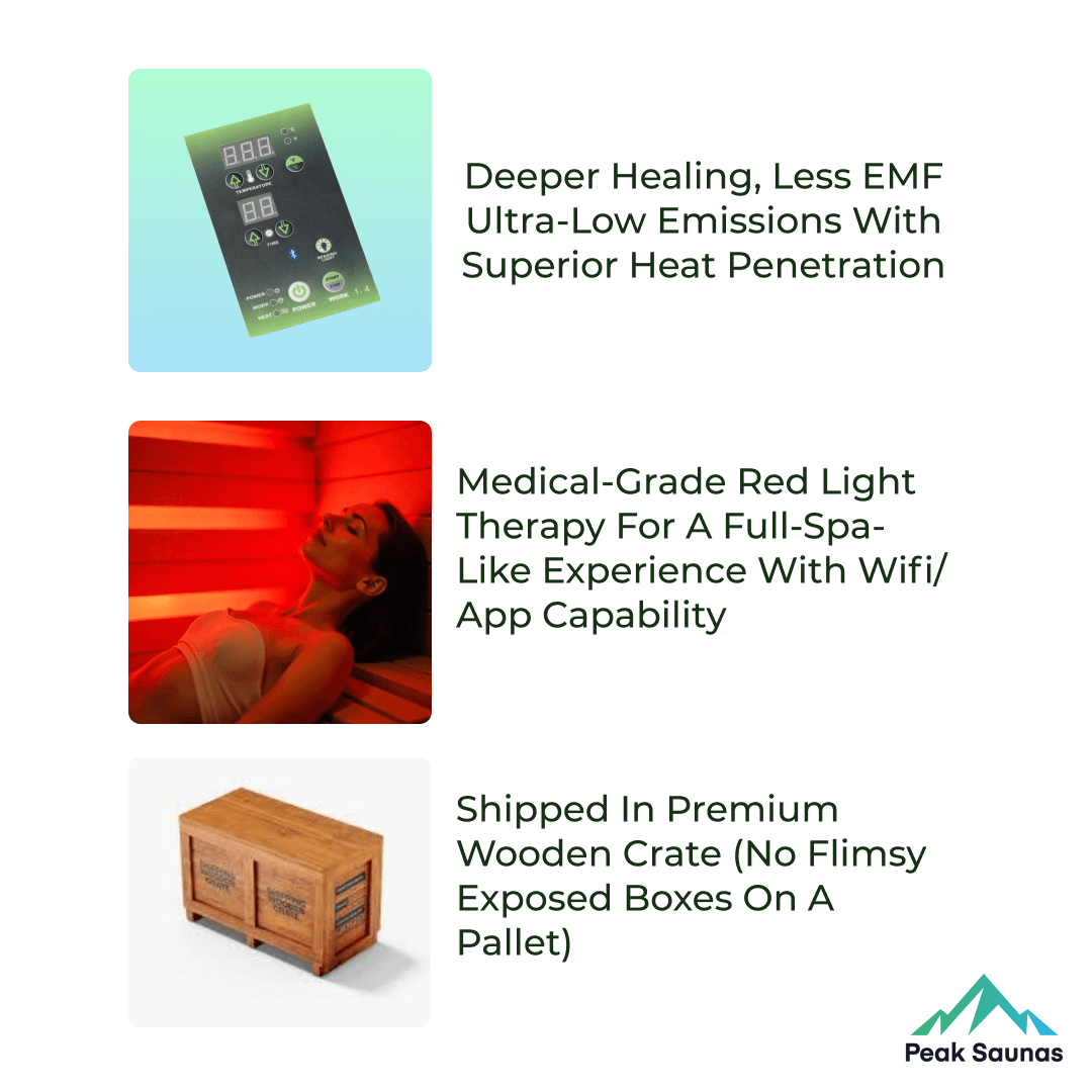 Reach the Peak of Wellness with Shasta Compact. Powerful. Premium. Introducing the Peak Saunas Shasta—a meticulously crafted 1-person infrared sauna designed for those who refuse to compromise on quality, technology, or wellness benefits. Built from susta