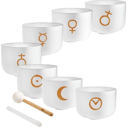 Experience the celestial harmony of the Planetary-Tuned Chakra Set of the Seven Large 12-inch White Frosted Quartz Singing Bowls, meticulously crafted based on Hans Cousto's calculations (author of "The Cosmic Octave") to match the frequencies of the sun,