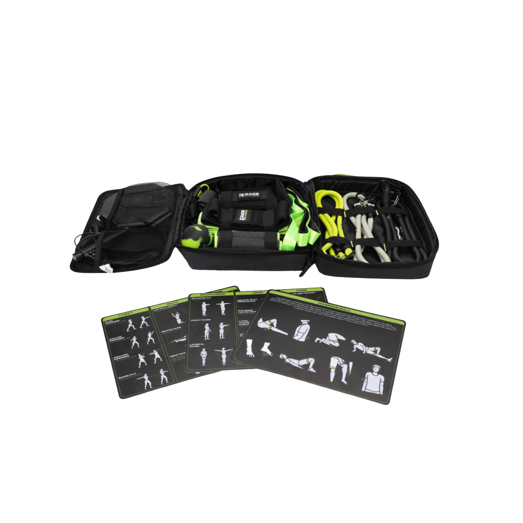 The Ex Kit by Rage Fitness is a revolutionary resistance & recovery kit. The Ex Kit is a complete home gym equipment solution, a lightweight design conveniently packed into a nylon-padded durable "gym in a bag" featuring a zipper pocket, webbing handle, a