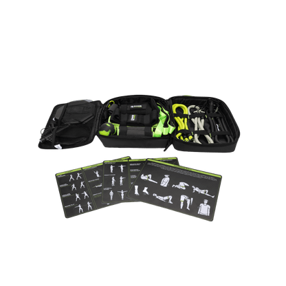 The Ex Kit by Rage Fitness is a revolutionary resistance & recovery kit. The Ex Kit is a complete home gym equipment solution, a lightweight design conveniently packed into a nylon-padded durable "gym in a bag" featuring a zipper pocket, webbing handle, a