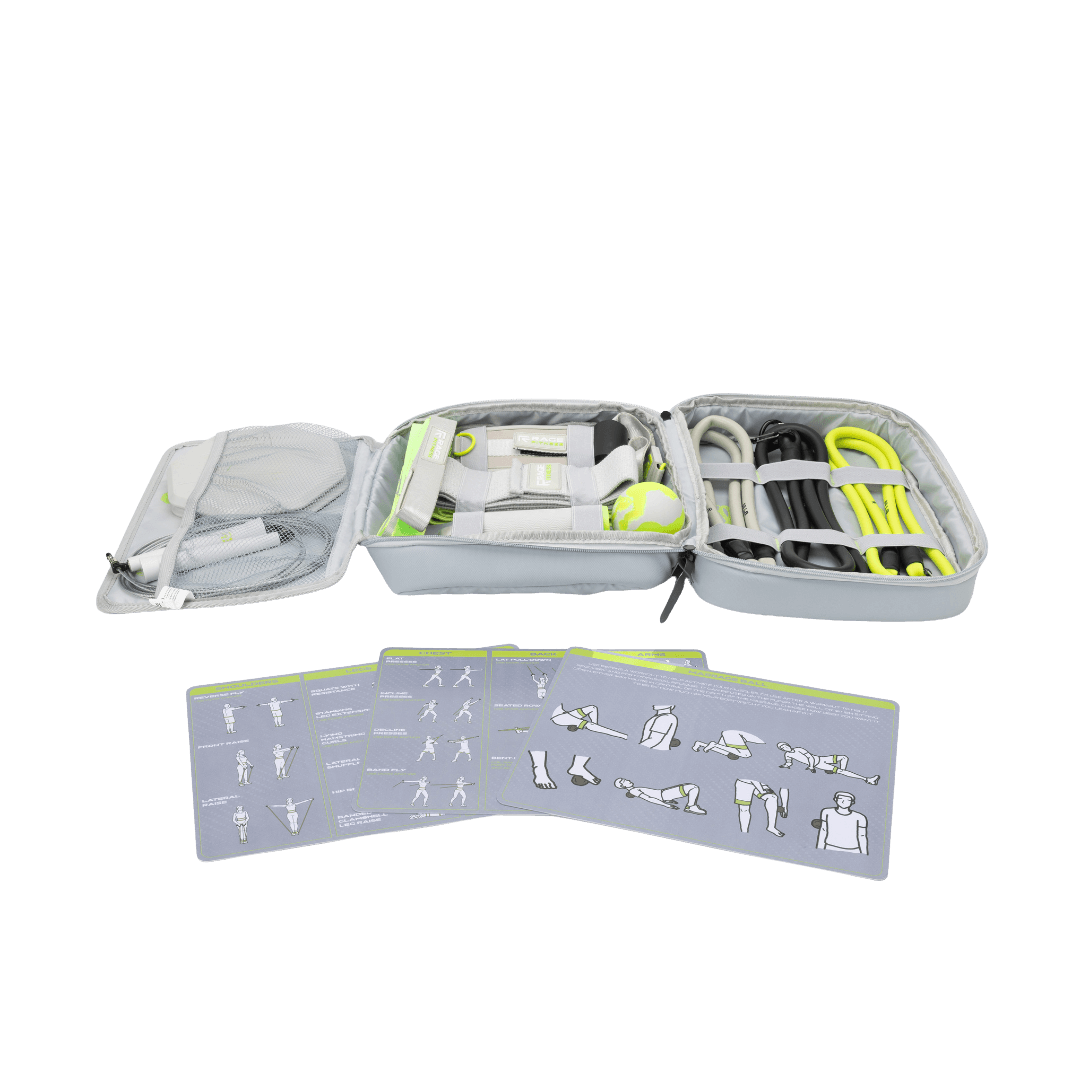 The Ex Kit by Rage Fitness is a revolutionary resistance & recovery kit. The Ex Kit is a complete home gym equipment solution, a lightweight design conveniently packed into a nylon-padded durable "gym in a bag" featuring a zipper pocket, webbing handle, a