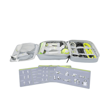 The Ex Kit by Rage Fitness is a revolutionary resistance & recovery kit. The Ex Kit is a complete home gym equipment solution, a lightweight design conveniently packed into a nylon-padded durable "gym in a bag" featuring a zipper pocket, webbing handle, a