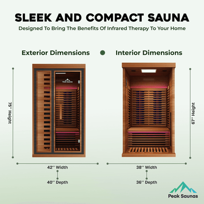 Reach the Peak of Wellness with Rainier Luxury. Performance. Precision. All in one. Introducing the Peak Saunas Rainier—a 1-person infrared sauna meticulously crafted for those who demand more from their wellness routine. Built from stunning Canadian red