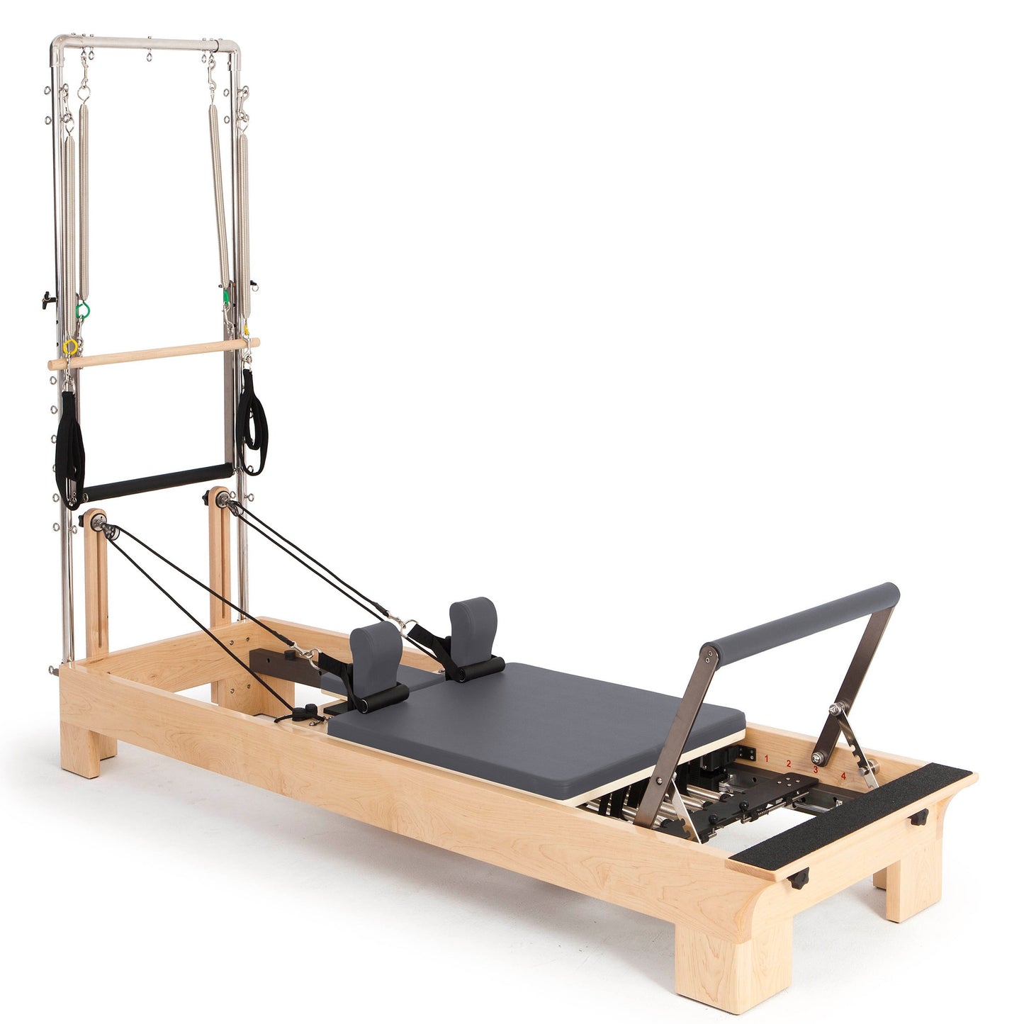 Get to the forefront and make a leap of quality in the Pilates experience with our new reformer, an exclusive and modern design thought to offer the best benefits to the professionals of the sector. CHARACTERISTICS: Top quality rock maple wood. Smooth, qu