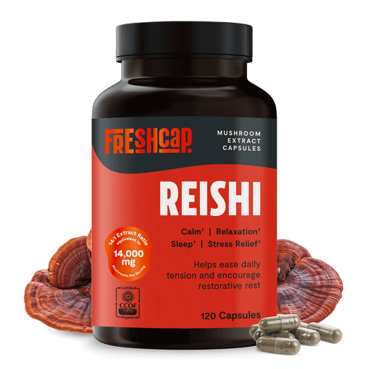 Premium Reishi mushroom supplement for relaxation and stress support. Dual-extracted for maximum potency, delivering 14,000mg raw mushroom power for balanced wellness.