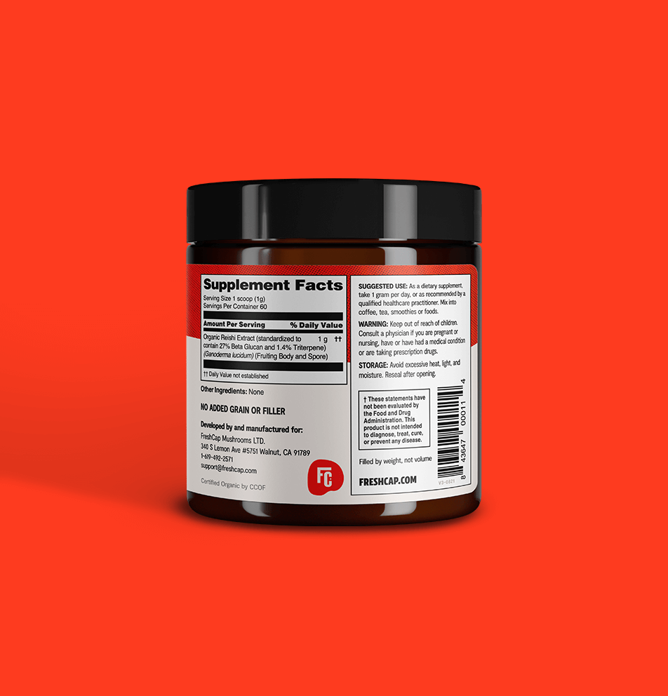 Premium Reishi mushroom powder for relaxation and balanced wellness. Dual-extracted for maximum potency, delivering 14,000mg raw mushroom power in versatile powder form.