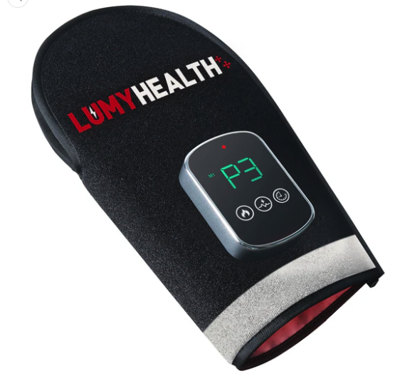 Black heating pad with digital display and 'Lumy Health' branding on a white background