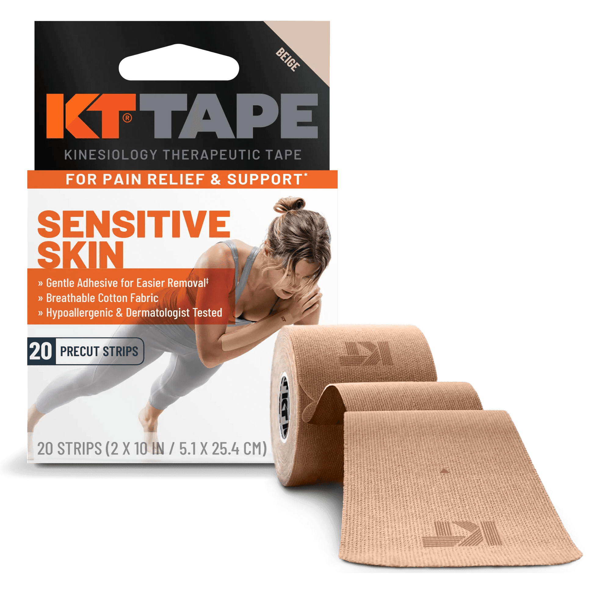 Need support that can endure lighter workouts, but have sensitive skin? KT Tape® Sensitive Skin Gentle tape is for you, designed to minimize irritation and be the right choice for sensitive skin. It has been designed to relieve pain and provide support, s