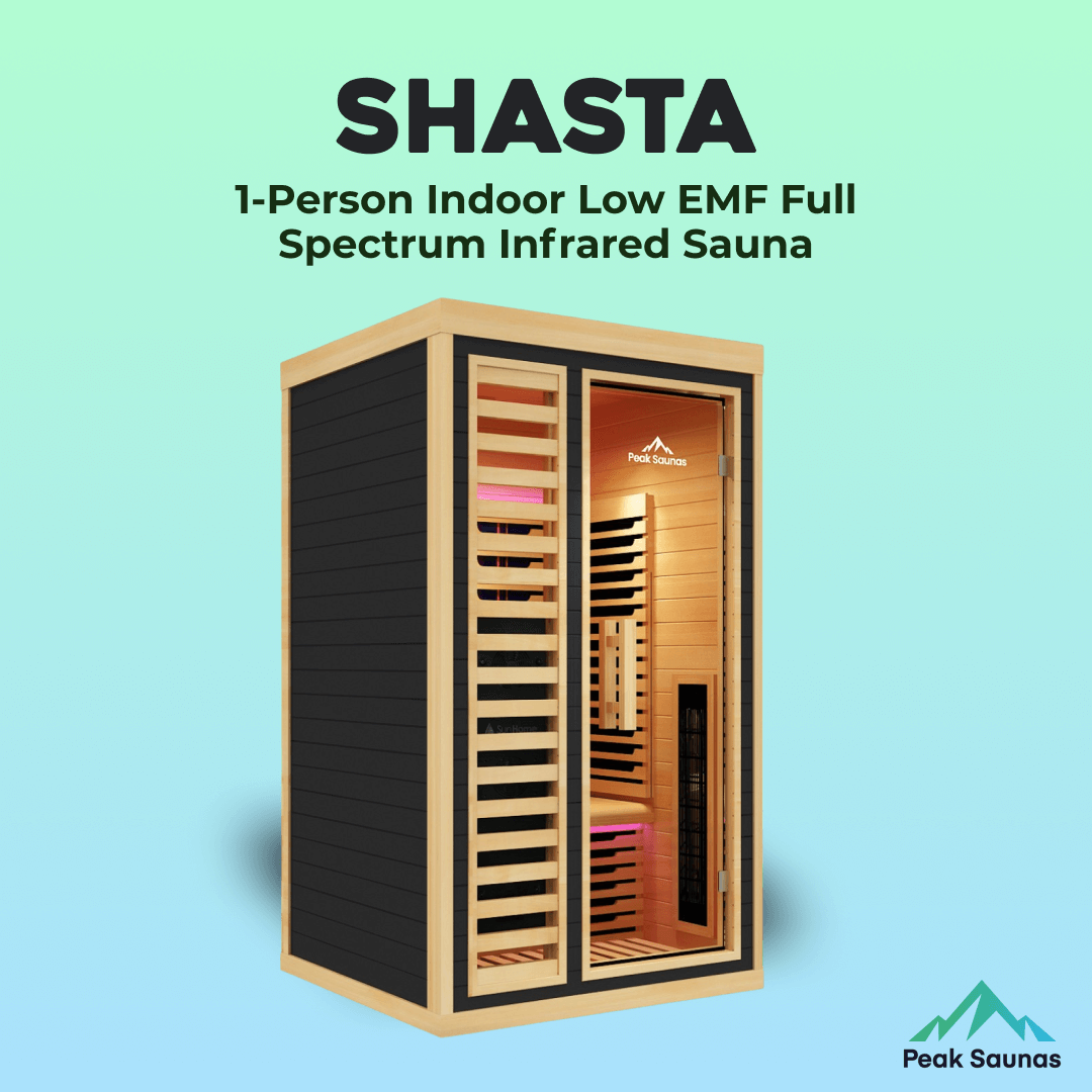 Reach the Peak of Wellness with Shasta Compact. Powerful. Premium. Introducing the Peak Saunas Shasta—a meticulously crafted 1-person infrared sauna designed for those who refuse to compromise on quality, technology, or wellness benefits. Built from susta