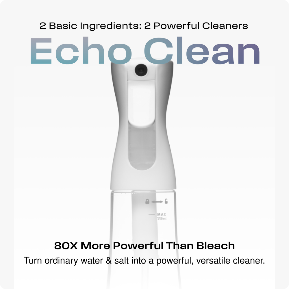 Just add water to create a cleaning solution with the Echo Clean™, generating hypochlorous acid, a naturally occurring compound known for its cleaning capabilities. This solution is effective on germs and bacteria yet gentle on most household surfaces. Th