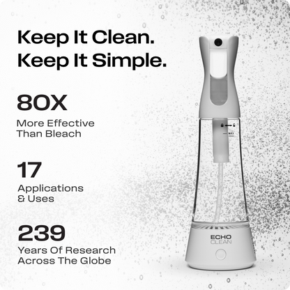 Just add water to create a cleaning solution with the Echo Clean™, generating hypochlorous acid, a naturally occurring compound known for its cleaning capabilities. This solution is effective on germs and bacteria yet gentle on most household surfaces. Th