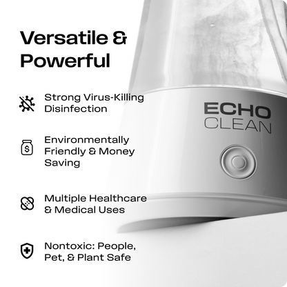 Just add water to create a cleaning solution with the Echo Clean™, generating hypochlorous acid, a naturally occurring compound known for its cleaning capabilities. This solution is effective on germs and bacteria yet gentle on most household surfaces. Th