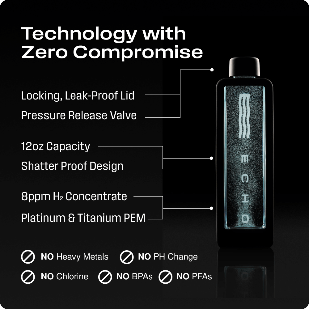 Meet the Echo Flask: the most advanced hydrogen water bottle ever created. Delivering an unmatched 8 ppm of molecular hydrogen with intelligent tracking and connectivity, this powerhouse transforms how you hydrate, perform, and recover. Elevate your cellu