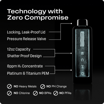 Meet the Echo Flask: the most advanced hydrogen water bottle ever created. Delivering an unmatched 8 ppm of molecular hydrogen with intelligent tracking and connectivity, this powerhouse transforms how you hydrate, perform, and recover. Elevate your cellu