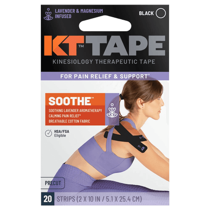 Rest, repair, and relax with KT Tape Soothe™. This soothing kinesiology tape features our classic, pain-relieving support along with a soothing combination of lavender and magnesium. Thoughtfully designed to elicit calming sensations via aromatherapy, KT