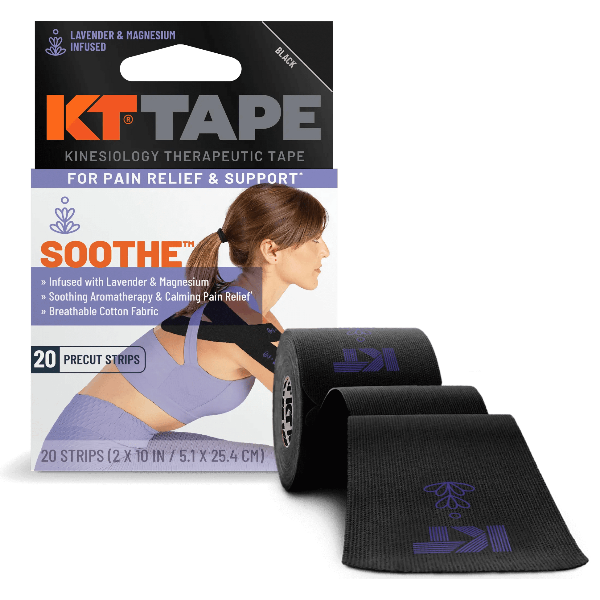 Rest, repair, and relax with KT Tape Soothe™. This soothing kinesiology tape features our classic, pain-relieving support along with a soothing combination of lavender and magnesium. Thoughtfully designed to elicit calming sensations via aromatherapy, KT