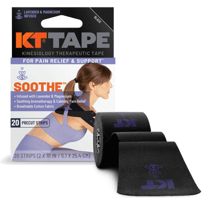 Rest, repair, and relax with KT Tape Soothe™. This soothing kinesiology tape features our classic, pain-relieving support along with a soothing combination of lavender and magnesium. Thoughtfully designed to elicit calming sensations via aromatherapy, KT