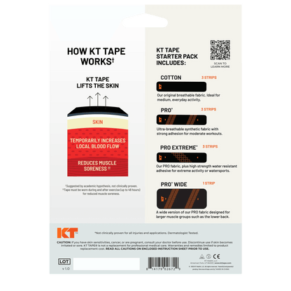 Need support that can endure your workouts and activity, but not sure which KT Tape is right for you? KT Tape® Starter Pack gives you a chance to try multiple types & sizes of KT Tape to find the perfect kinesiology tape for your application. All KT Tape