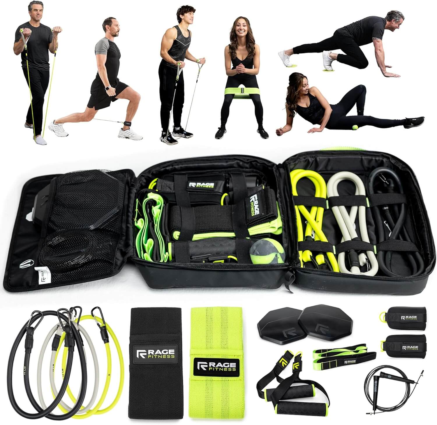 The Ex Kit by Rage Fitness is a revolutionary resistance & recovery kit. The Ex Kit is a complete home gym equipment solution, a lightweight design conveniently packed into a nylon-padded durable "gym in a bag" featuring a zipper pocket, webbing handle, a