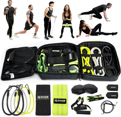 The Ex Kit by Rage Fitness is a revolutionary resistance & recovery kit. The Ex Kit is a complete home gym equipment solution, a lightweight design conveniently packed into a nylon-padded durable "gym in a bag" featuring a zipper pocket, webbing handle, a