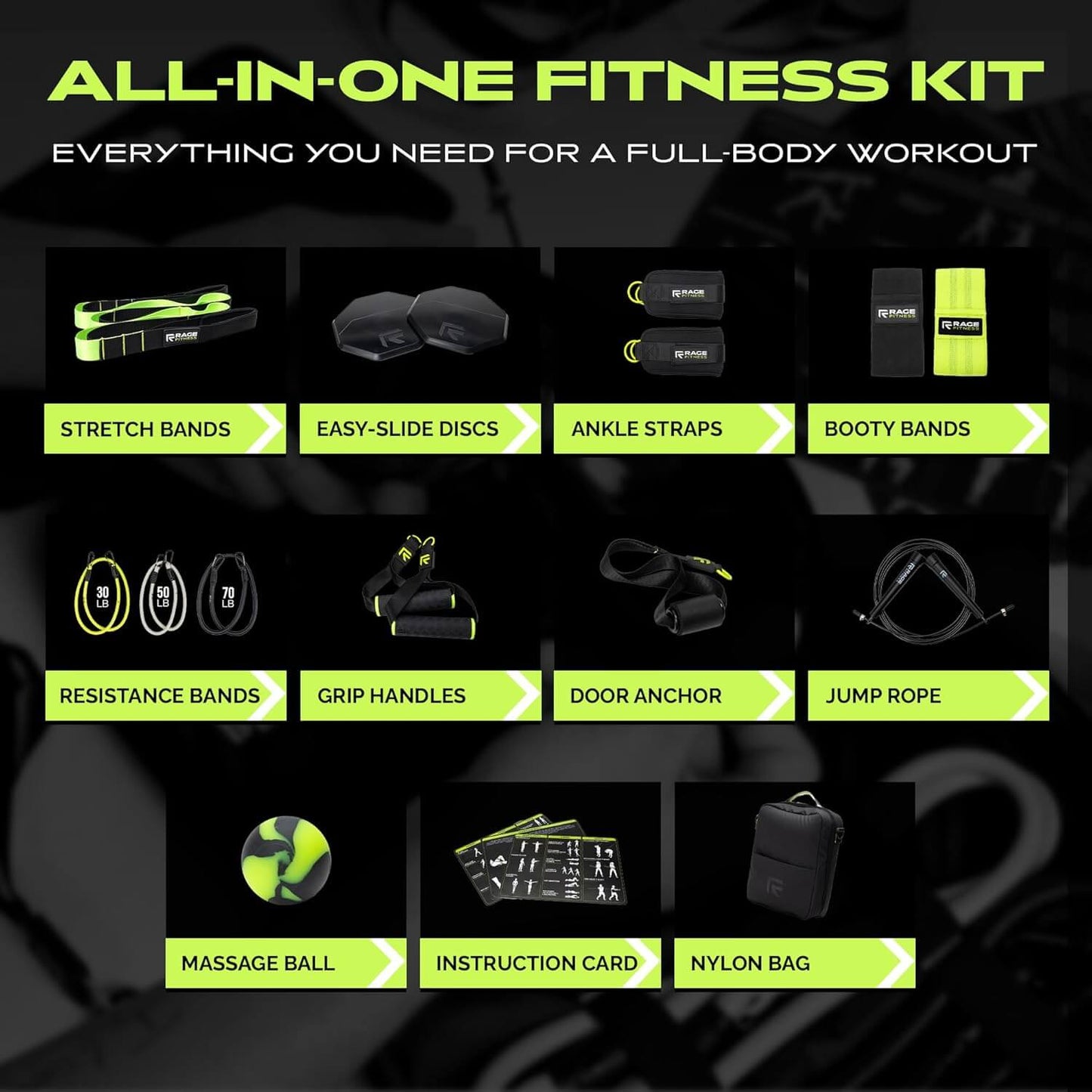 The Ex Kit by Rage Fitness is a revolutionary resistance & recovery kit. The Ex Kit is a complete home gym equipment solution, a lightweight design conveniently packed into a nylon-padded durable "gym in a bag" featuring a zipper pocket, webbing handle, a