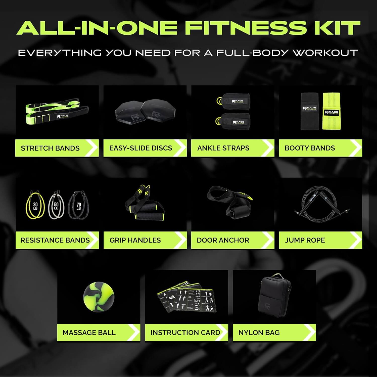 The Ex Kit by Rage Fitness is a revolutionary resistance & recovery kit. The Ex Kit is a complete home gym equipment solution, a lightweight design conveniently packed into a nylon-padded durable "gym in a bag" featuring a zipper pocket, webbing handle, a