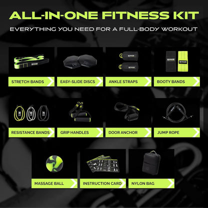 The Ex Kit by Rage Fitness is a revolutionary resistance & recovery kit. The Ex Kit is a complete home gym equipment solution, a lightweight design conveniently packed into a nylon-padded durable "gym in a bag" featuring a zipper pocket, webbing handle, a