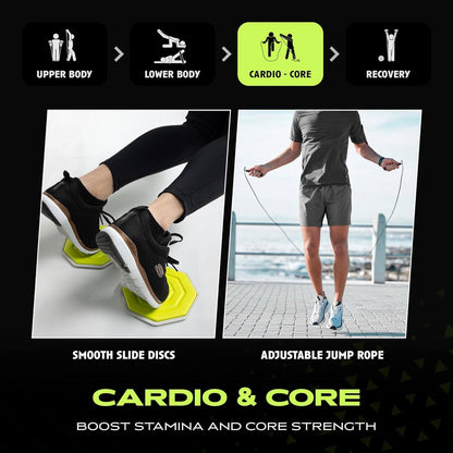 The Ex Kit by Rage Fitness is a revolutionary resistance & recovery kit. The Ex Kit is a complete home gym equipment solution, a lightweight design conveniently packed into a nylon-padded durable "gym in a bag" featuring a zipper pocket, webbing handle, a