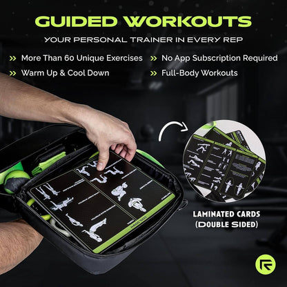 The Ex Kit by Rage Fitness is a revolutionary resistance & recovery kit. The Ex Kit is a complete home gym equipment solution, a lightweight design conveniently packed into a nylon-padded durable "gym in a bag" featuring a zipper pocket, webbing handle, a