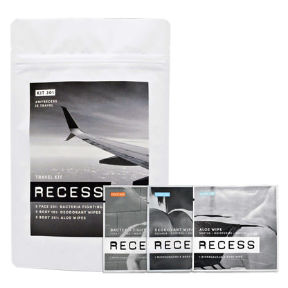 #myrecess is travel Planes, trains and automobiles -- wherever your travel takes you, RECESS is there. Swap your giant heavy toiletry kit for the travel kit and keep it simple. Bonus: no repackaging your go-to's into TSA friendly bottles. (We're TSA appro