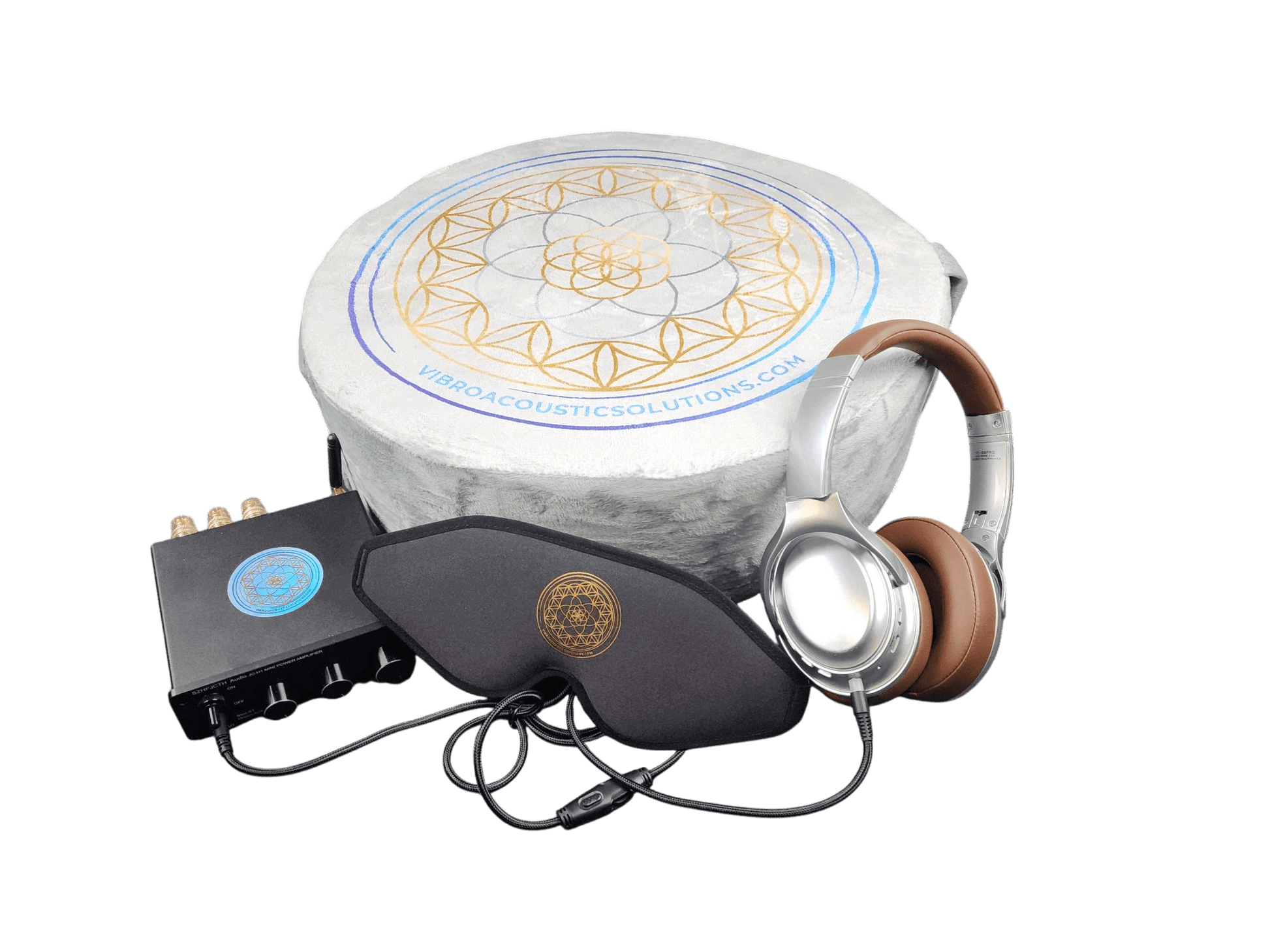 Special Promotional Bundle including: Meditation Cushion with Custom Amplifier Headphones Eye mask Immersive Sound with Vibroacoustic Meditation Cushion: Experience the Power of Vibroacoustic Therapy Enhance your meditation practice with our Immersive Vib
