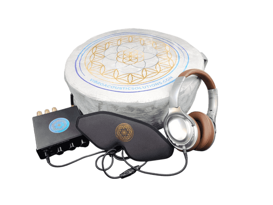 Special Promotional Bundle including: Meditation Cushion with Custom Amplifier Headphones Eye mask Immersive Sound with Vibroacoustic Meditation Cushion: Experience the Power of Vibroacoustic Therapy Enhance your meditation practice with our Immersive Vib