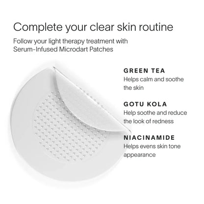 Combat breakouts, pimples, and inflammation with a targeted, two-step routine featuring an FDA-cleared device that combines Blue and Red Light Therapies with soothing, serum-infused Microdart Patches.